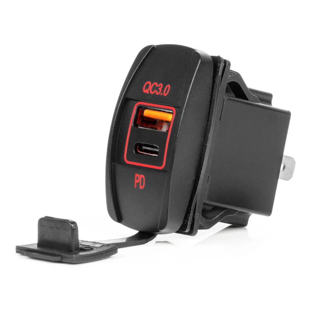 Vodotěsná nabíječka na telefon ve tvaru lodi s ČERVENÝM LED podsvícením USB + USB C QC3.0 12/24V AMi AMIO 0422