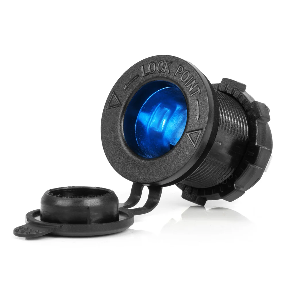 Vodotěsná zásuvka do zapalovače auta s MODRÝM LED podsvícením 12/24V AMiO-04220